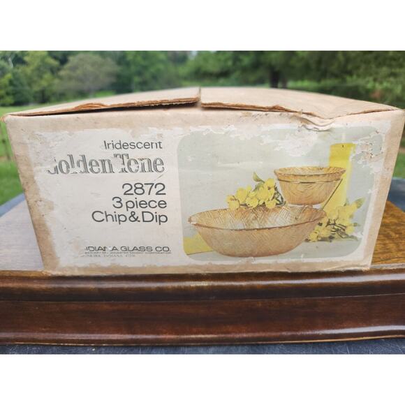 Indiana Glass Co Iridescent chip and dip bowl Golden tone 3 piece set NIB #2872 - Picture 1 of 5